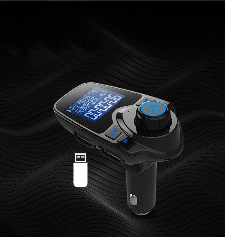 Black G7 Bluetooth car FM transmitter and hands-free kit plugged into a car dashboard
