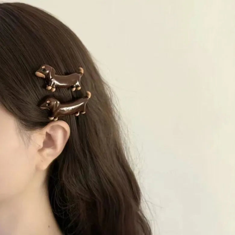 Dachshund dog design hair barrettes with electroplated finish and delicate construction