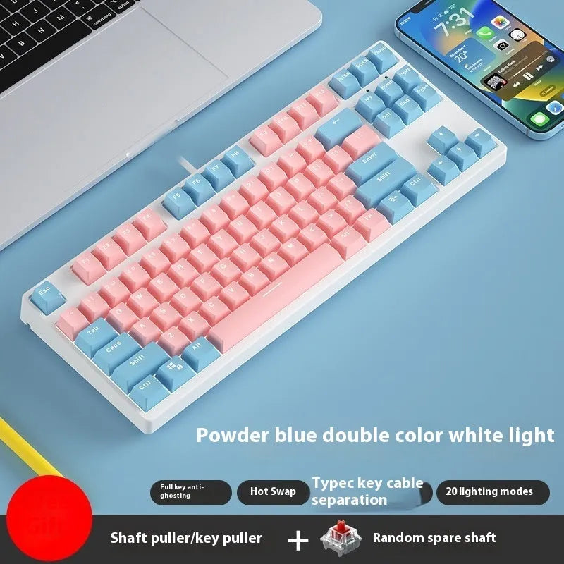 87 key wired mechanical keyboard with hot-swappable switches showing dual-colour keycap theme on metal body