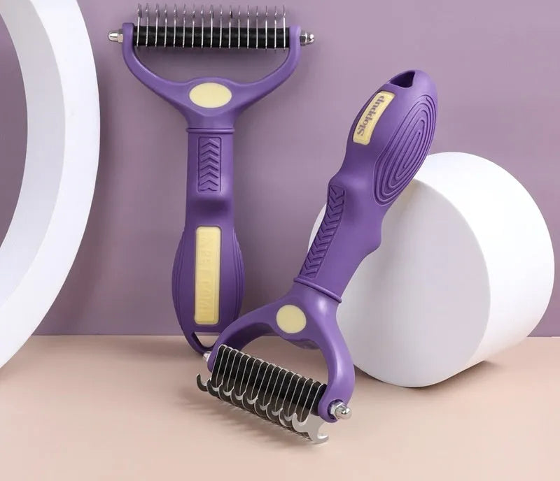 Purple double-sided plastic comb for removing knots from cat and dog fur during grooming