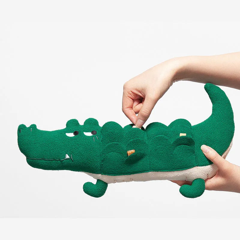 Green plush toy dog with interactive features, shown with scale indicating 35 cm length.