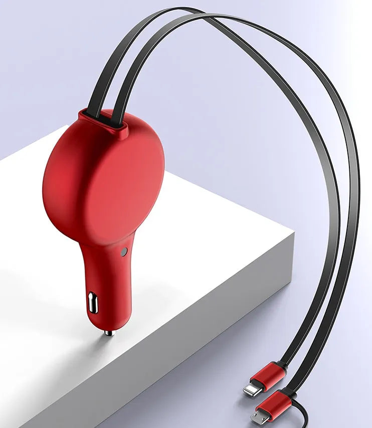 Black retractable car charger with extended USB and Type-C cables for dual-device charging