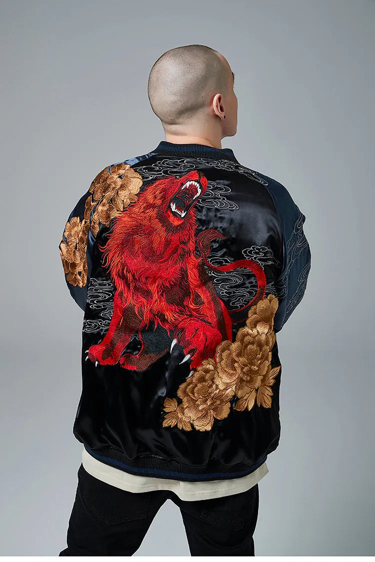 Heavy Industry lion king embroidery jacket for men in satin, champagne and faint blue, sizes M to 3XL