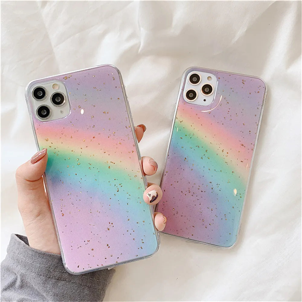 Rainbow gradient TPU iPhone case with striped design on iPhone