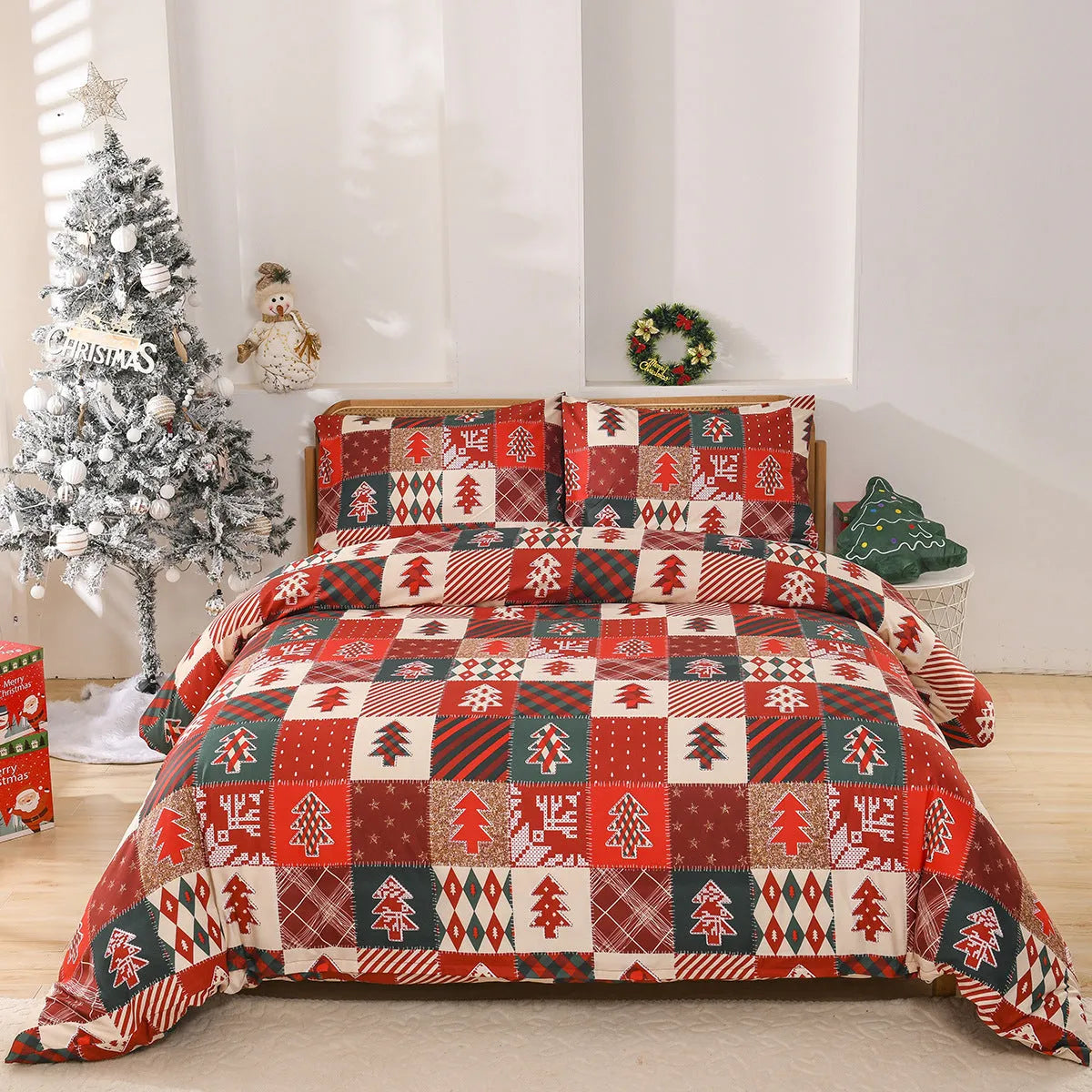 Christmas red plaid pattern bedding three-piece set with European style bed cover design