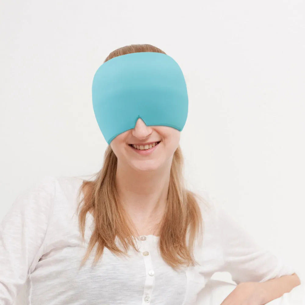 Black elastic cloth gel eye mask for headache relief showing adjustable design