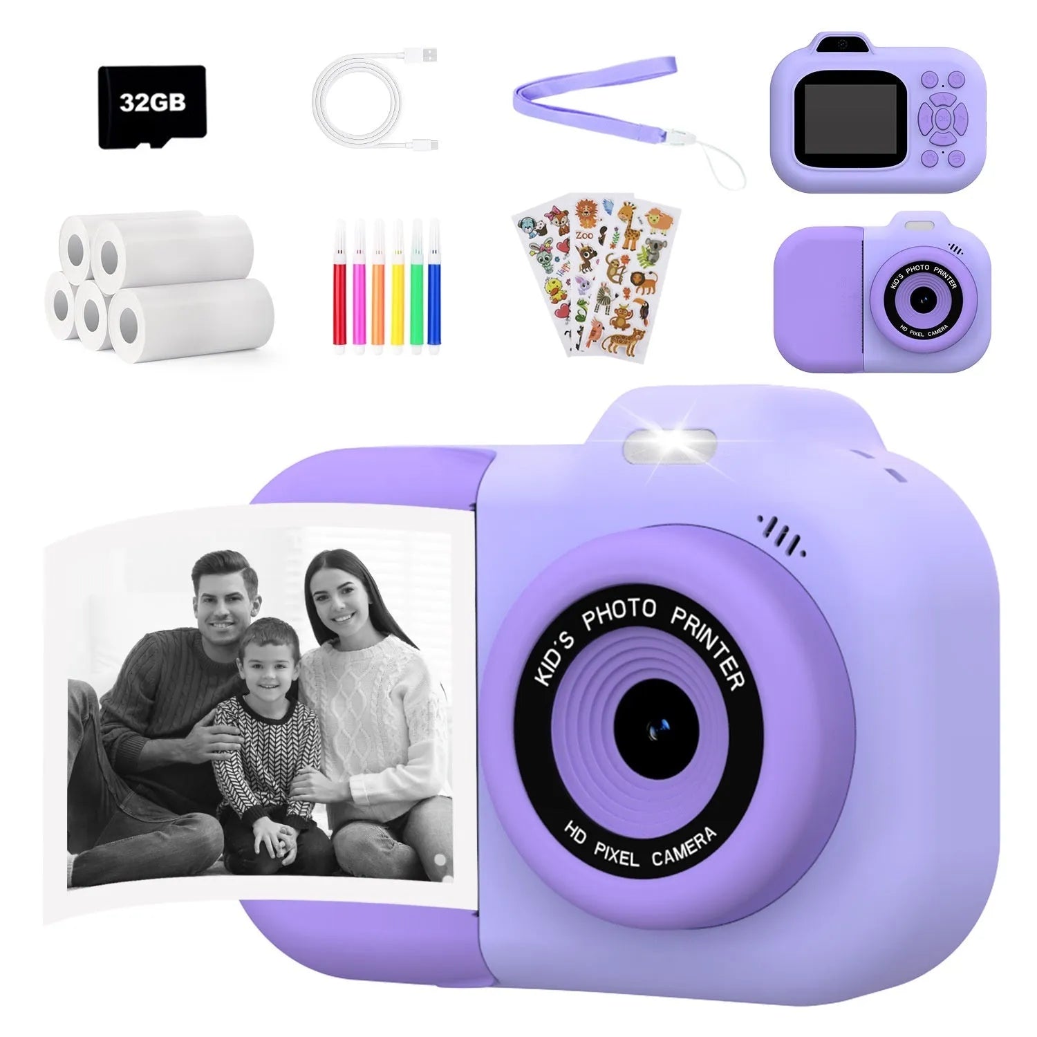 Children's digital toy camera in pink, blue, or purple colour with video, photo, game, and MP3 functions