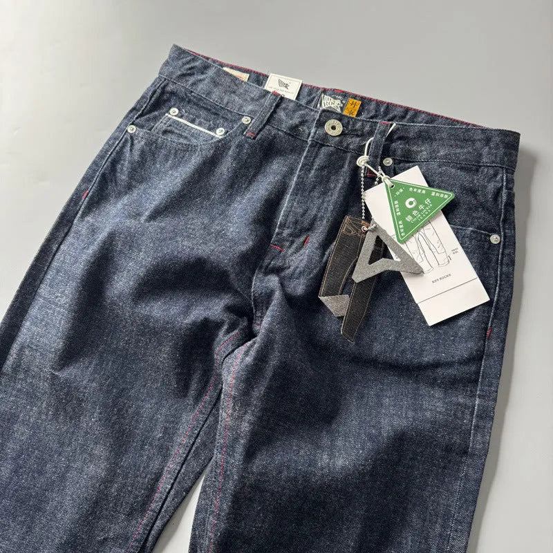 Men's straight leg denim trousers in primary colour with American retro styling and mid waist fit