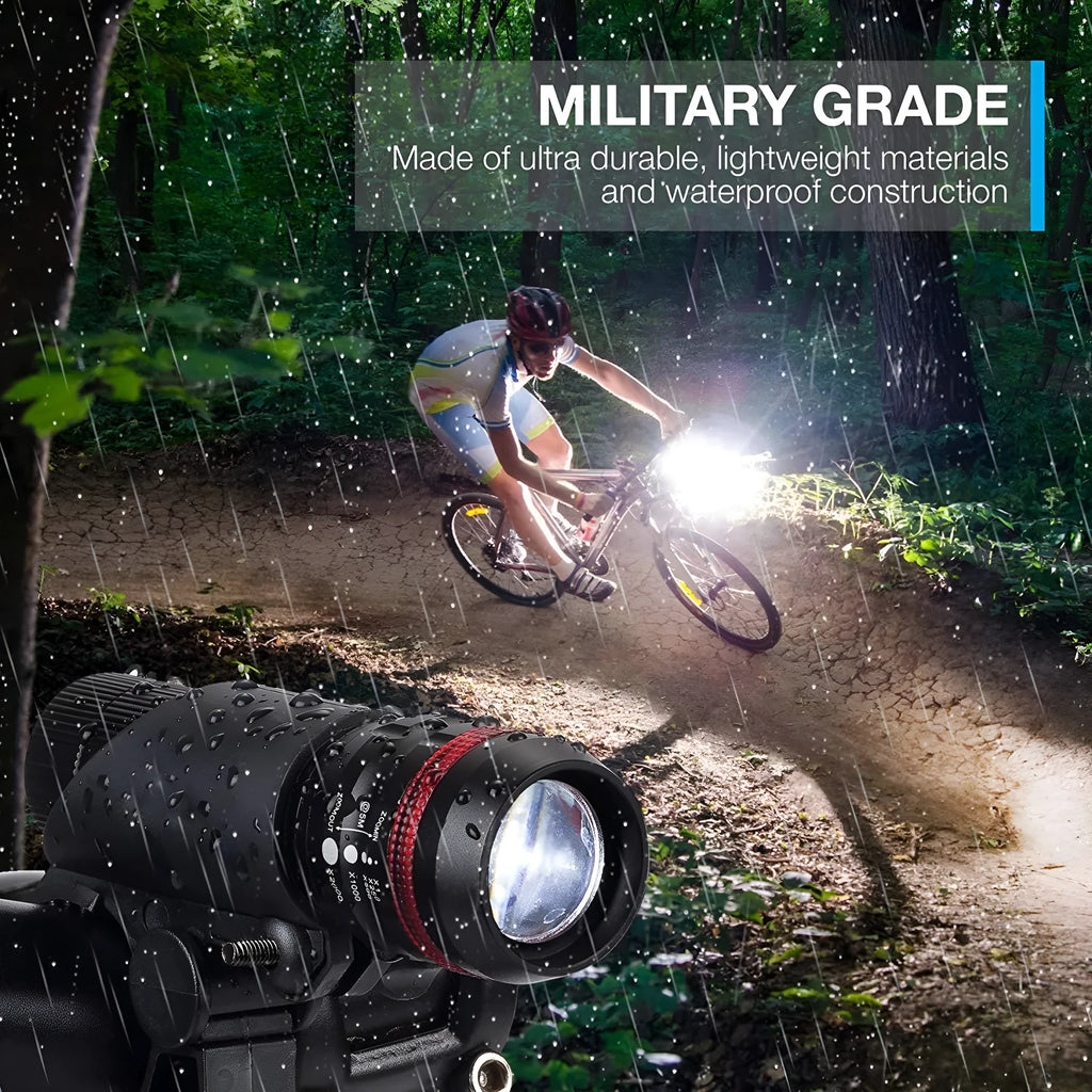 Bicycle headlight and taillight set including LED flashlight, mounting bracket, and rear light.