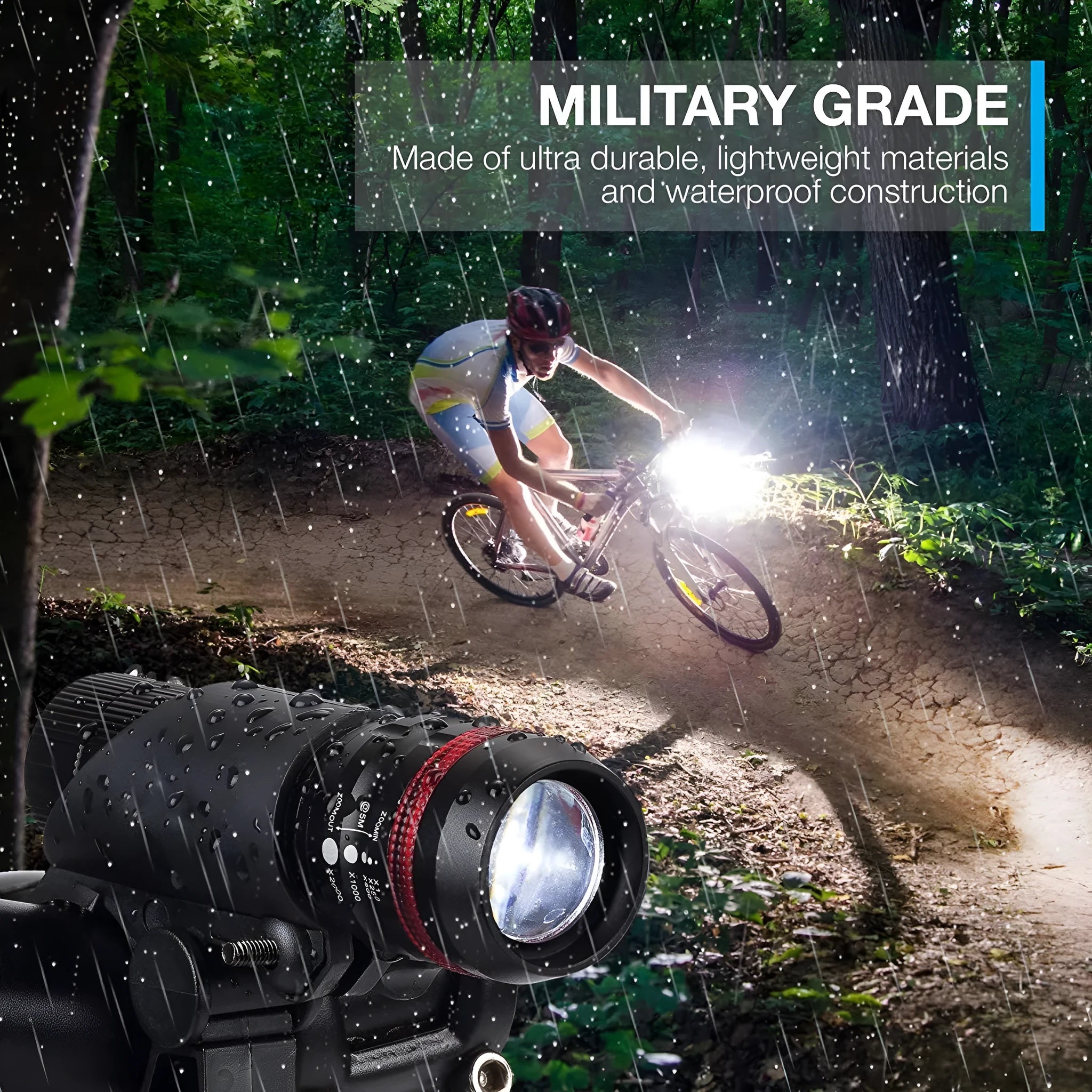 Bicycle headlight and taillight set including LED flashlight, mounting bracket, and rear light.