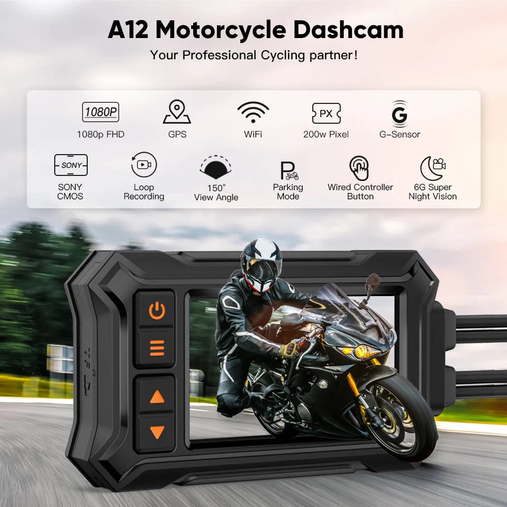 Motorcycle dual lens GPS recorder with 3 inch display showing waterproof body and mounting components