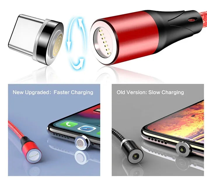 Black magnetic charging cable with LED lights showing USB-C and lightning connectors