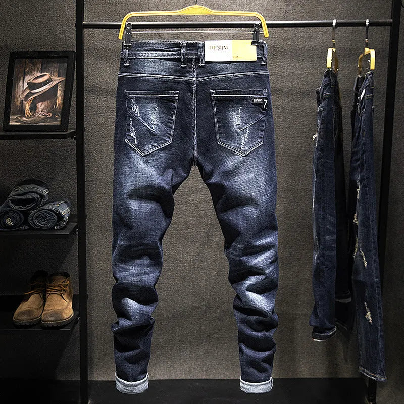 Men's slim-fit skinny jeans in dark blue denim with micro elasticity and mid-waist design