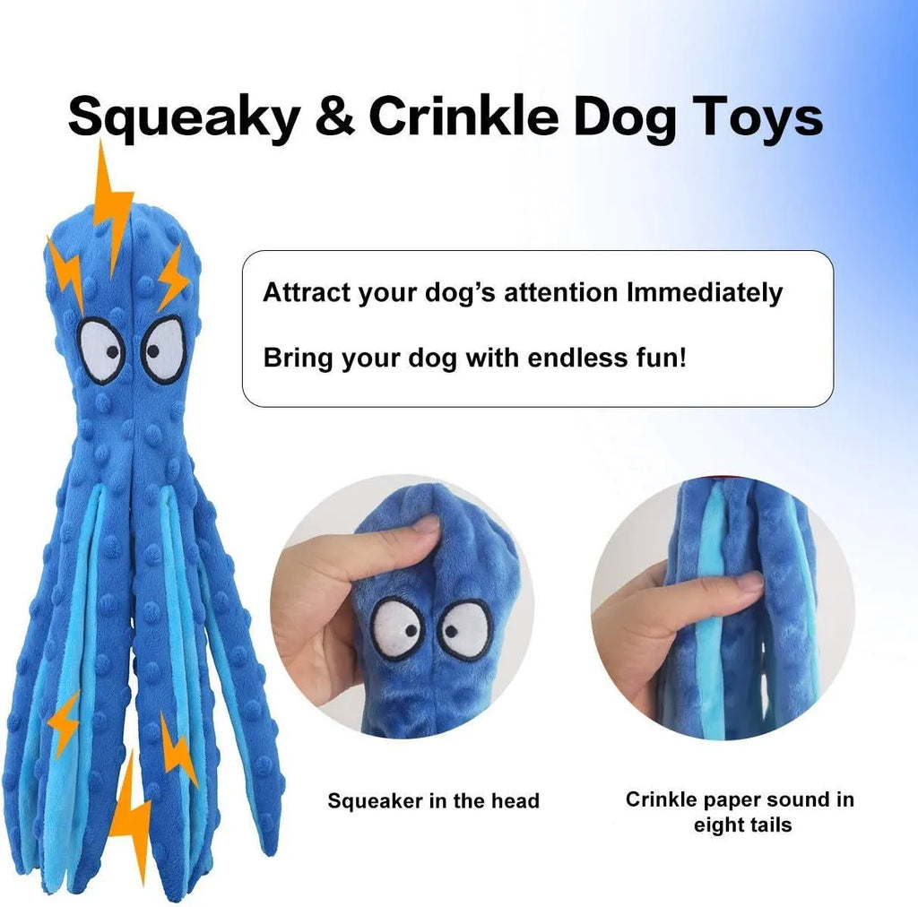 Blue octopus-shaped dog plush toy with squeaker and crinkle sounds, measuring 32 cm long.