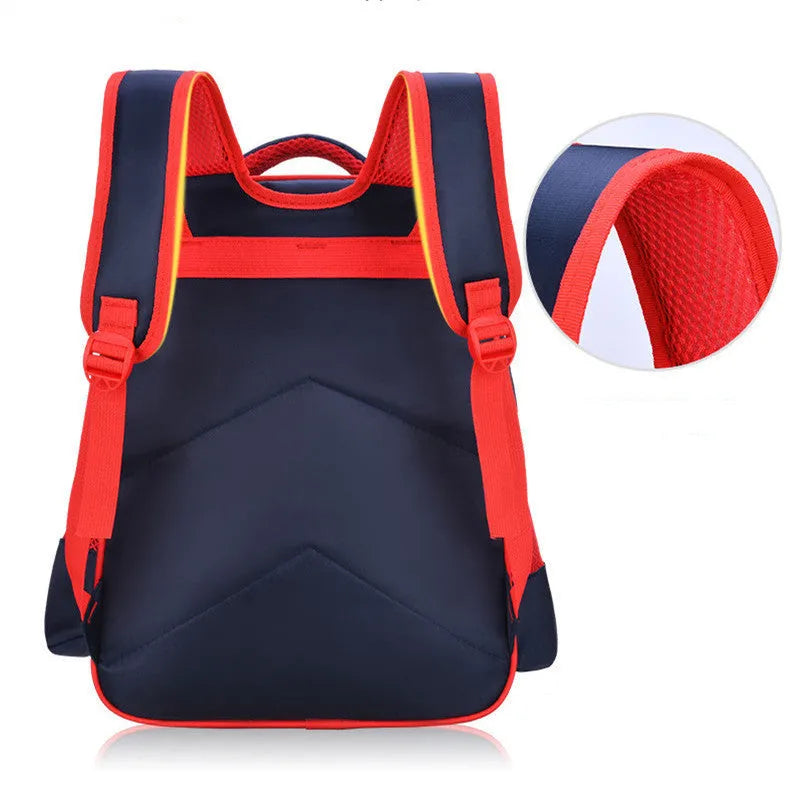 Children's blue cartoon backpack with school books showing internal zipper pocket organisation