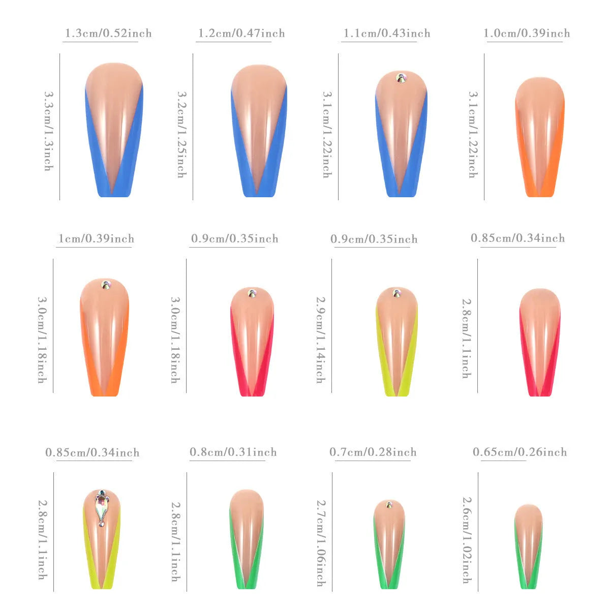 Diamond colour French nail tips with cartoon, love and cross heart patterns, plus jelly glue and filing strip.