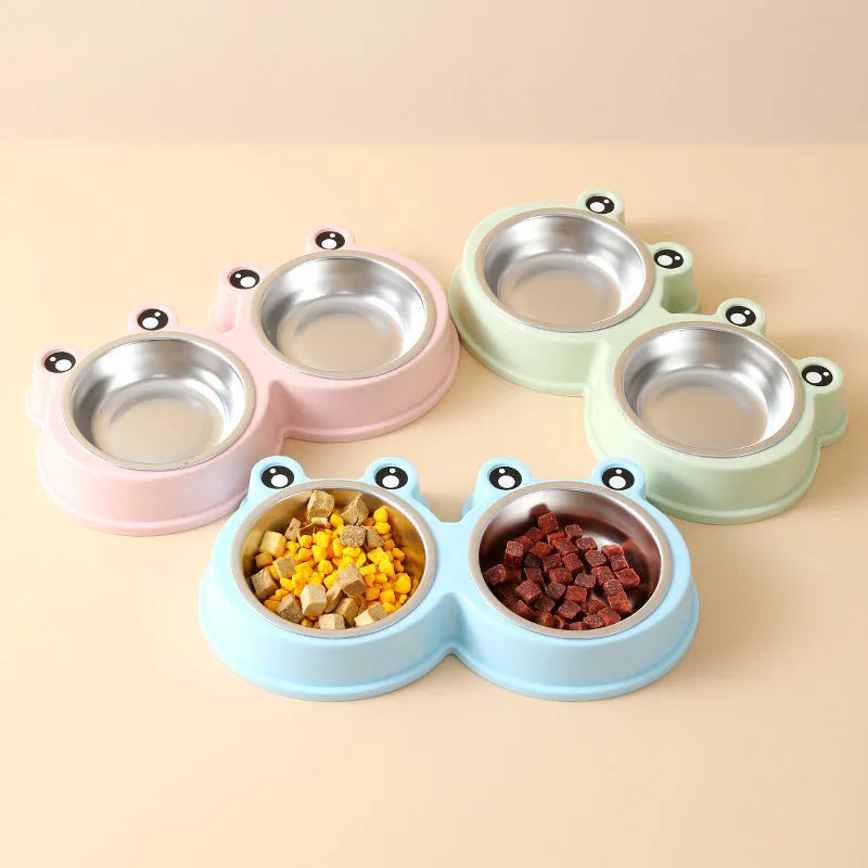 Blue stainless steel one-piece double bowl for pet food and water.