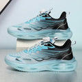 Casual breathable running shoes in sky blue with PU mesh upper and rubber sole.