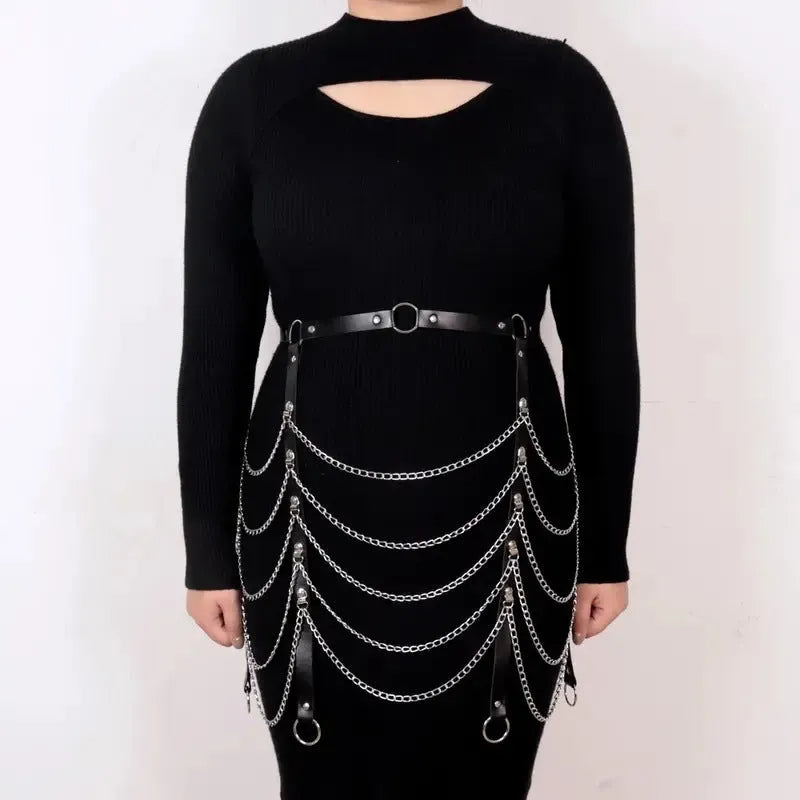 Black PU leather bandage binding waist chain accessory for women