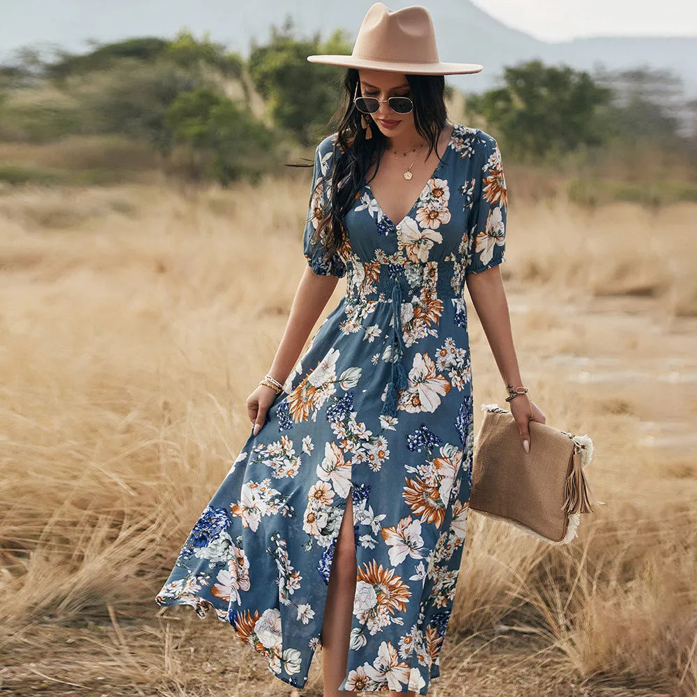 Women's floral summer beach dress with V-neck and high waist in yellow black or blue mid-length print