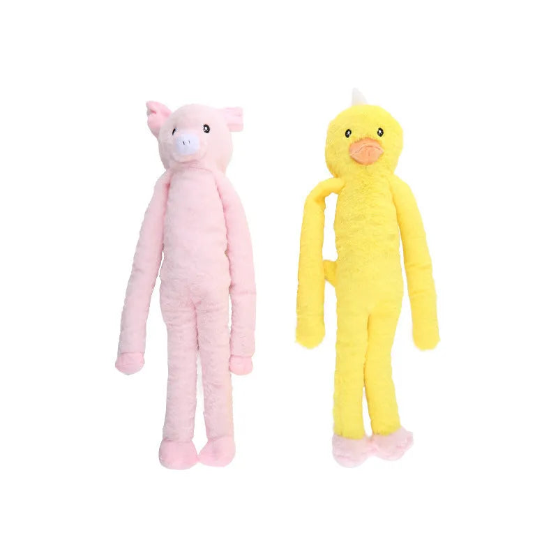 Soft plush dog toy with rattle paper sound feature for large breeds in pink or yellow colours