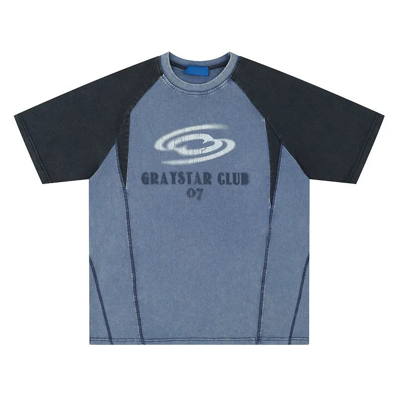 Blue men's t-shirt with printed letters and raglan sleeves on hanger
