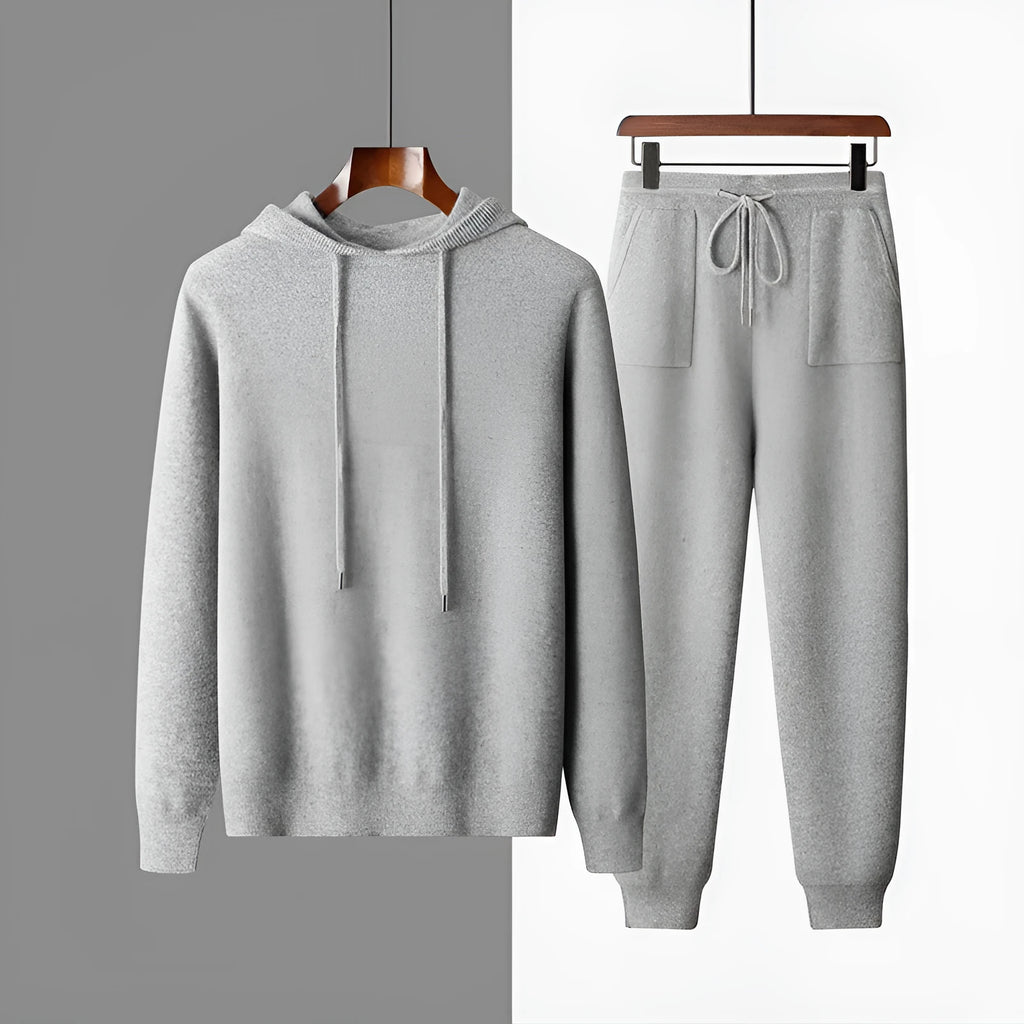 Men's light grey cashmere hooded sweatshirt and matching trousers casual winter set
