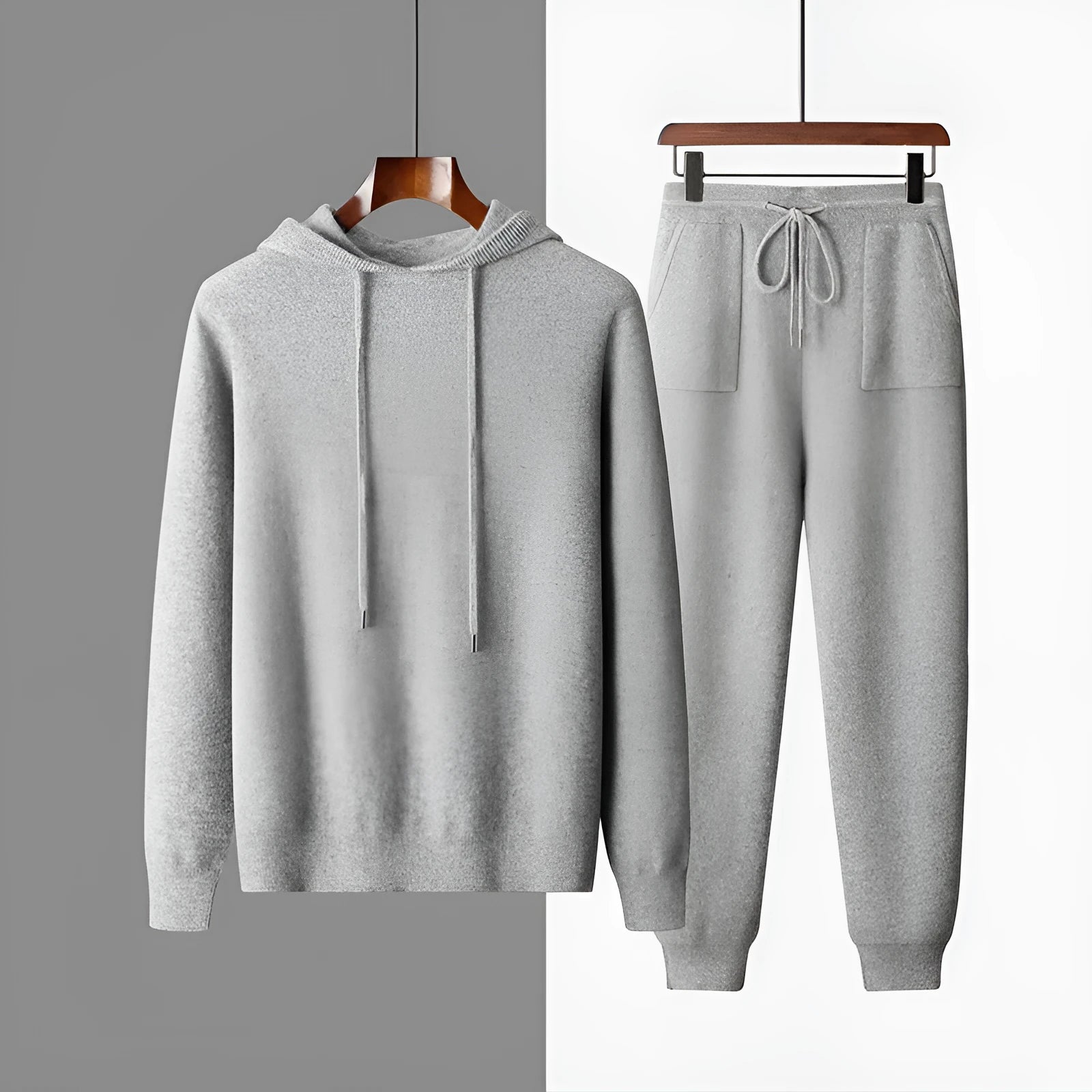 Men's light grey cashmere hooded sweatshirt and matching trousers casual winter set