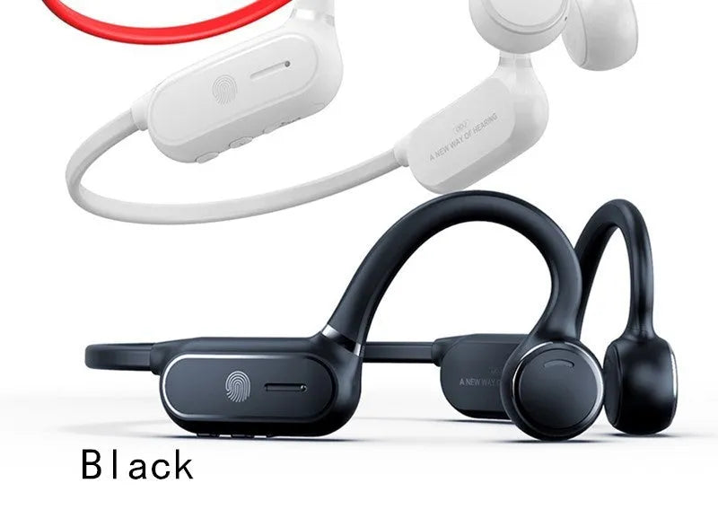 Black air conduction Bluetooth earphone with titanium frame showing open-ear design