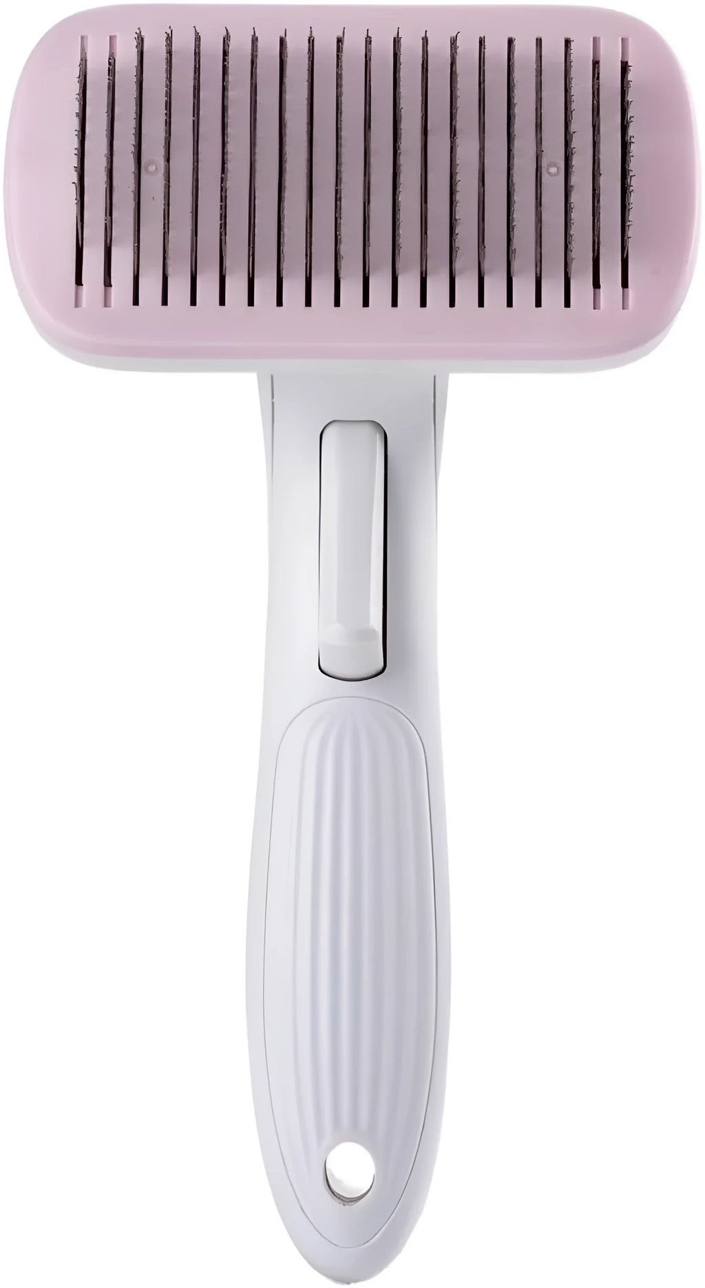 Automatic pet hair removal comb in blue, showing handheld design with comb head.