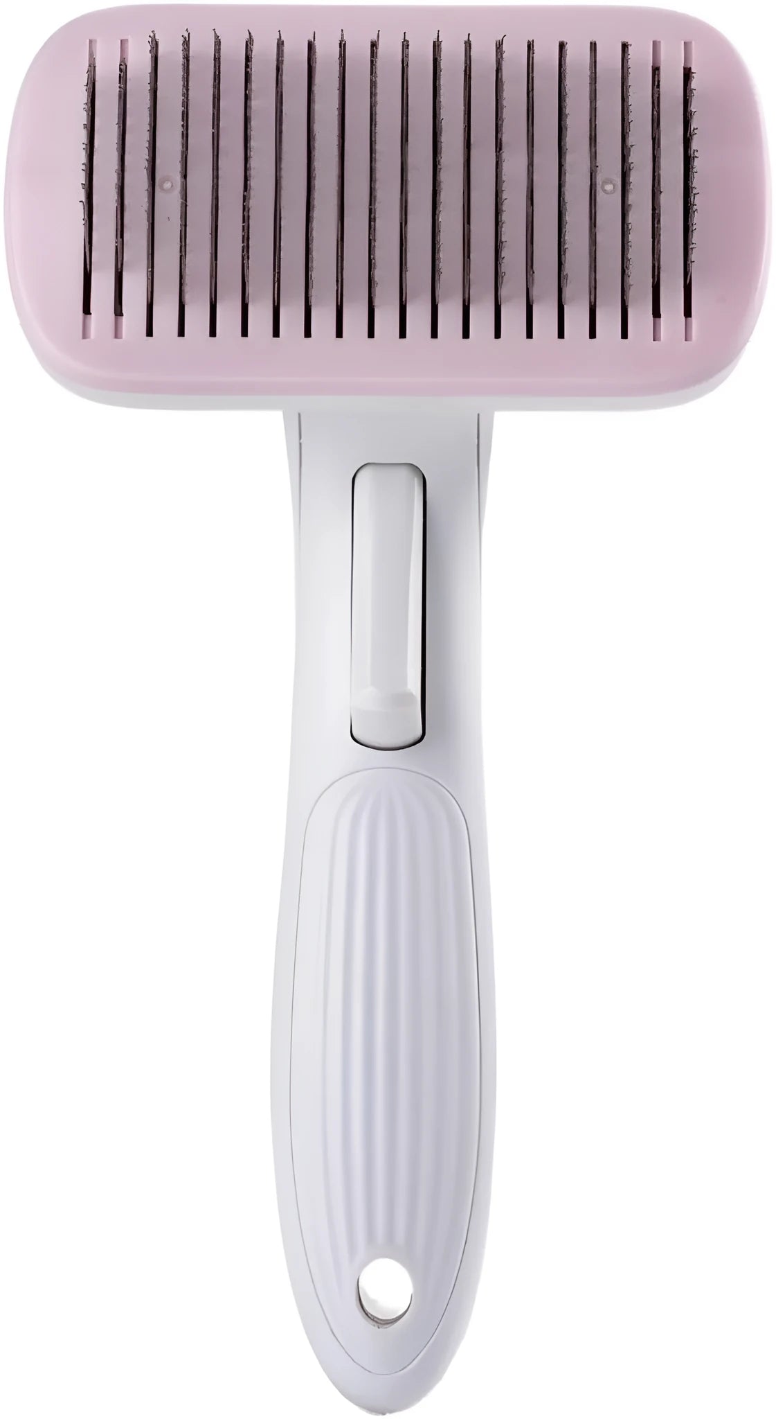 Automatic pet hair removal comb in blue, showing handheld design with comb head.