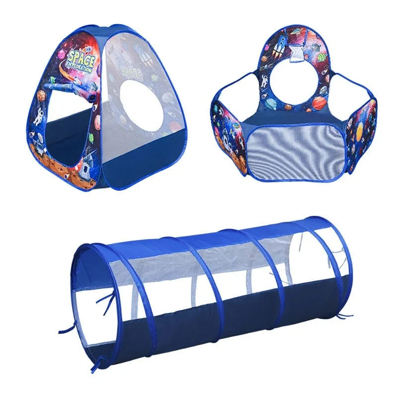 Three-in-one children's tent with marine cartoon design showing fabric tent, ball pool and connecting tunnel sections