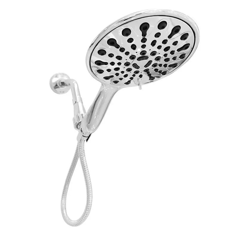 Six-function handheld shower head with electroplated finish showing massage, bubble, and rain mode settings
