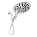 Six-function handheld shower head with electroplated finish showing massage, bubble, and rain mode settings