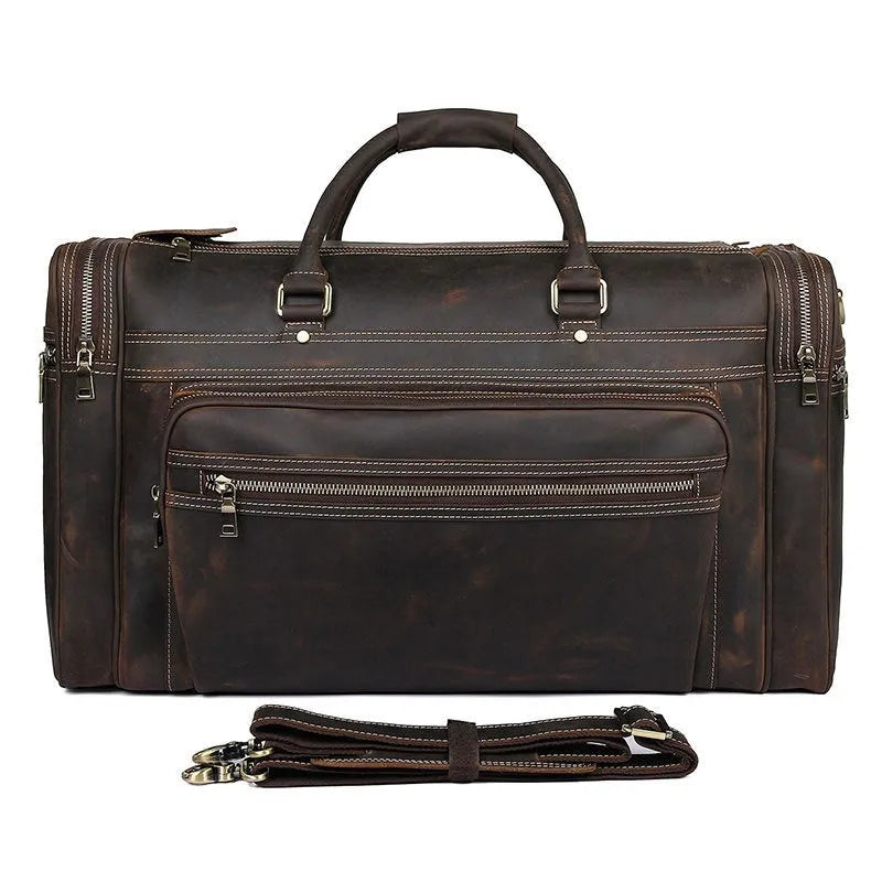 Crazy horse leather crossbody travel bag in dark brown with first layer cowhide, 36-55L capacity, for leisure travel