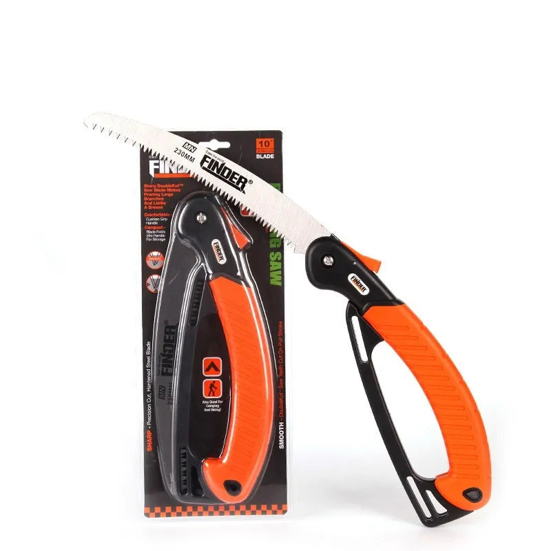 Folding garden hand saw with extended 230mm 65MN steel blade and TPR grip, shown closed and open.