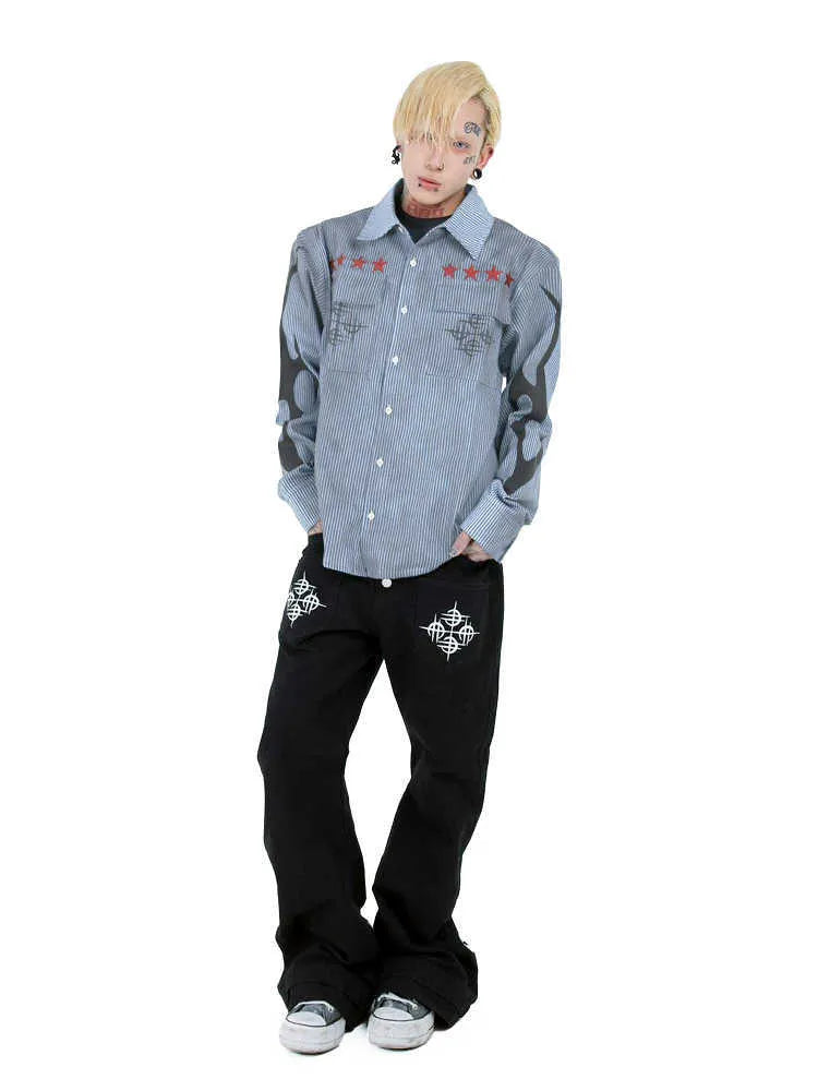 Men's washed-out dirty blue striped casual shirt with long sleeves and lapel collar