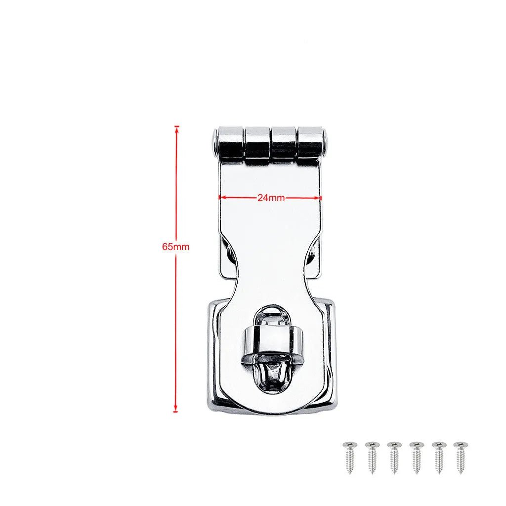 Silver stainless steel lock latch with a mirror finish for doors and cabinets.