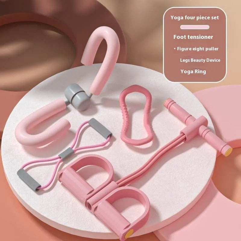 Yoga four-piece set showing leg beauty device, yoga ring, pedal tension device and figure-eight tension rope for home fitness