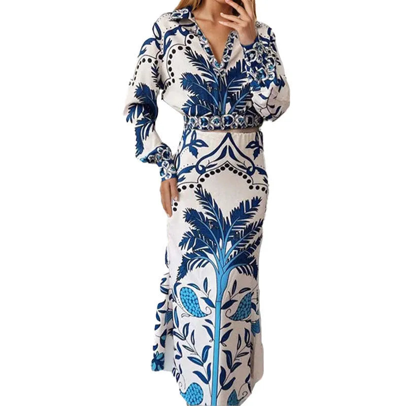 Floral early spring casual fashion set with long sleeve top and long skirt in picture color