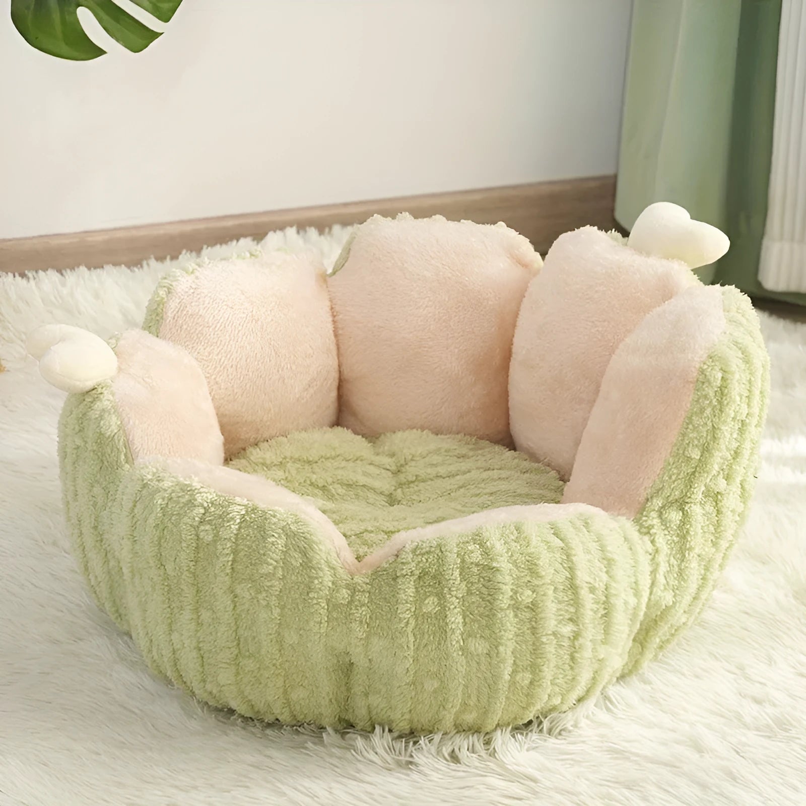 Cactus-themed soft cat litter kennel pet bed in green colour showing large size dimensions