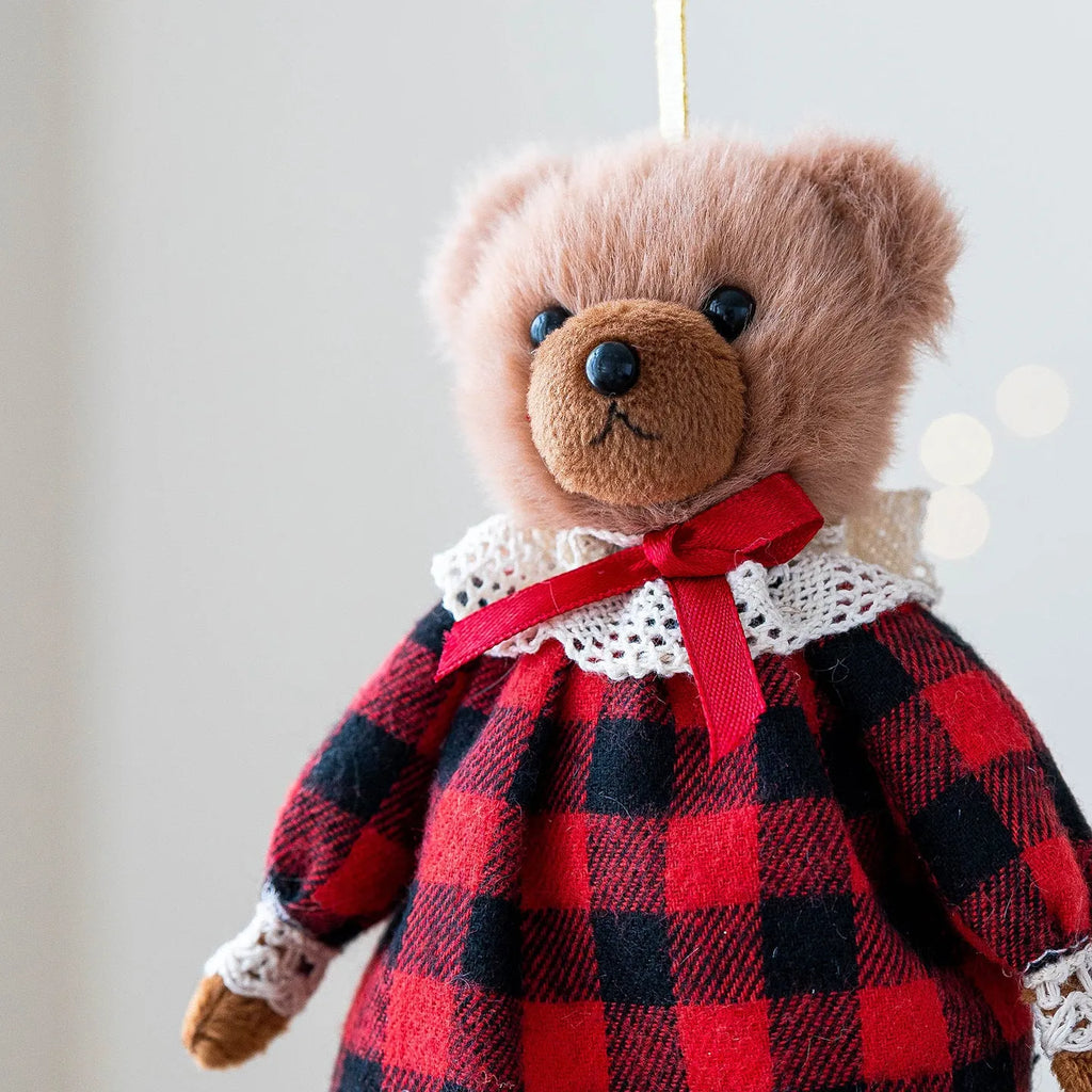 Pair of cartoon-style plush bear dolls in cotton suit plaid, featuring a gentleman bear and a princess bear.