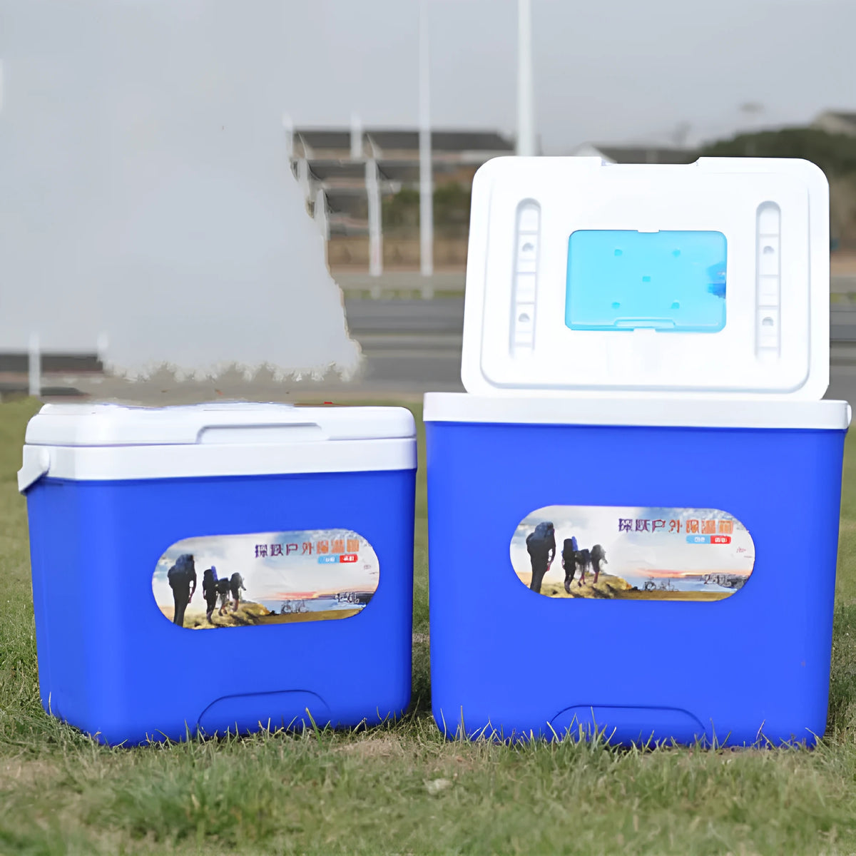 Blue aluminium foil portable insulated cooler box with lid, shown in multiple size options.