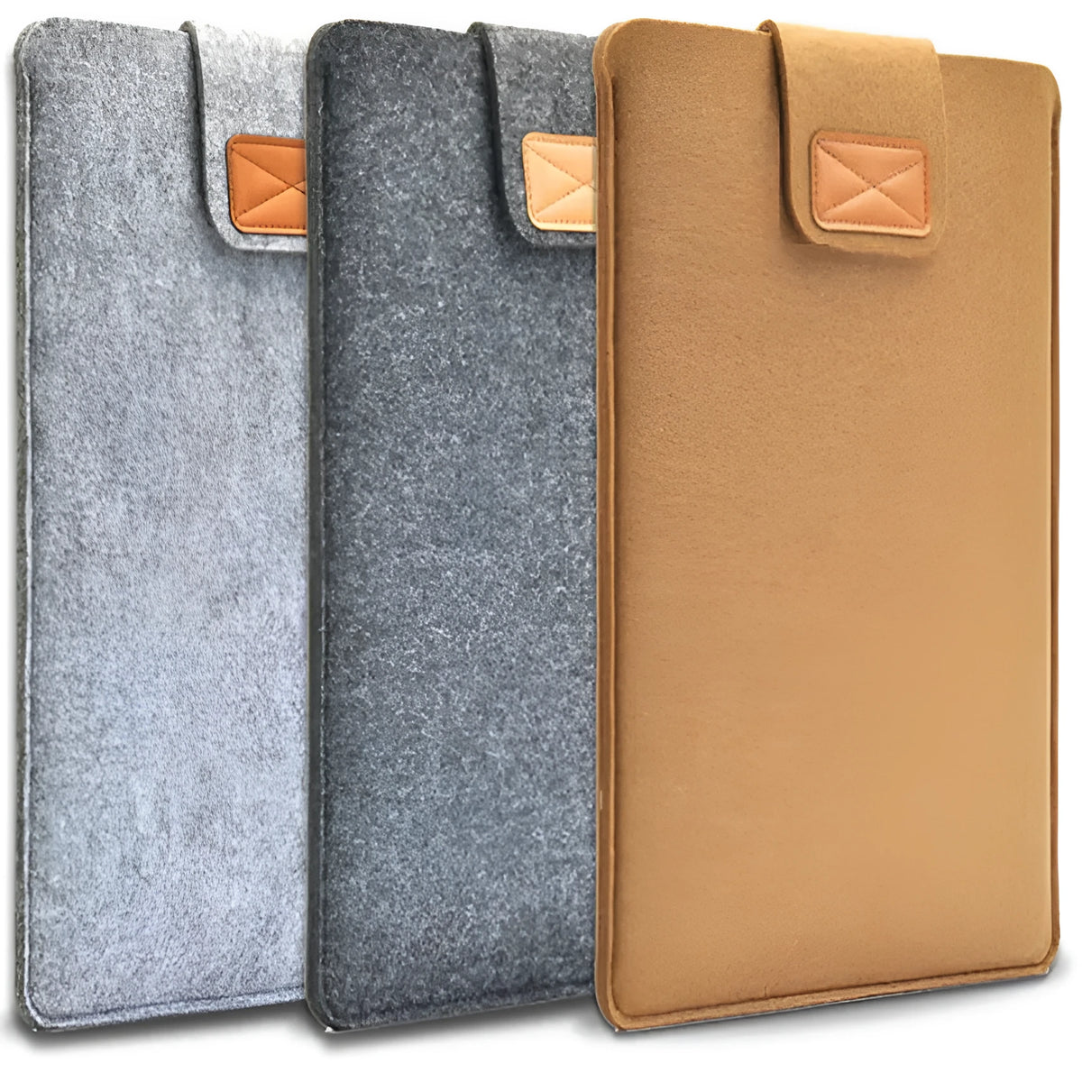 Dark grey felt plush clamshell laptop bag open to show interior with corner protectors