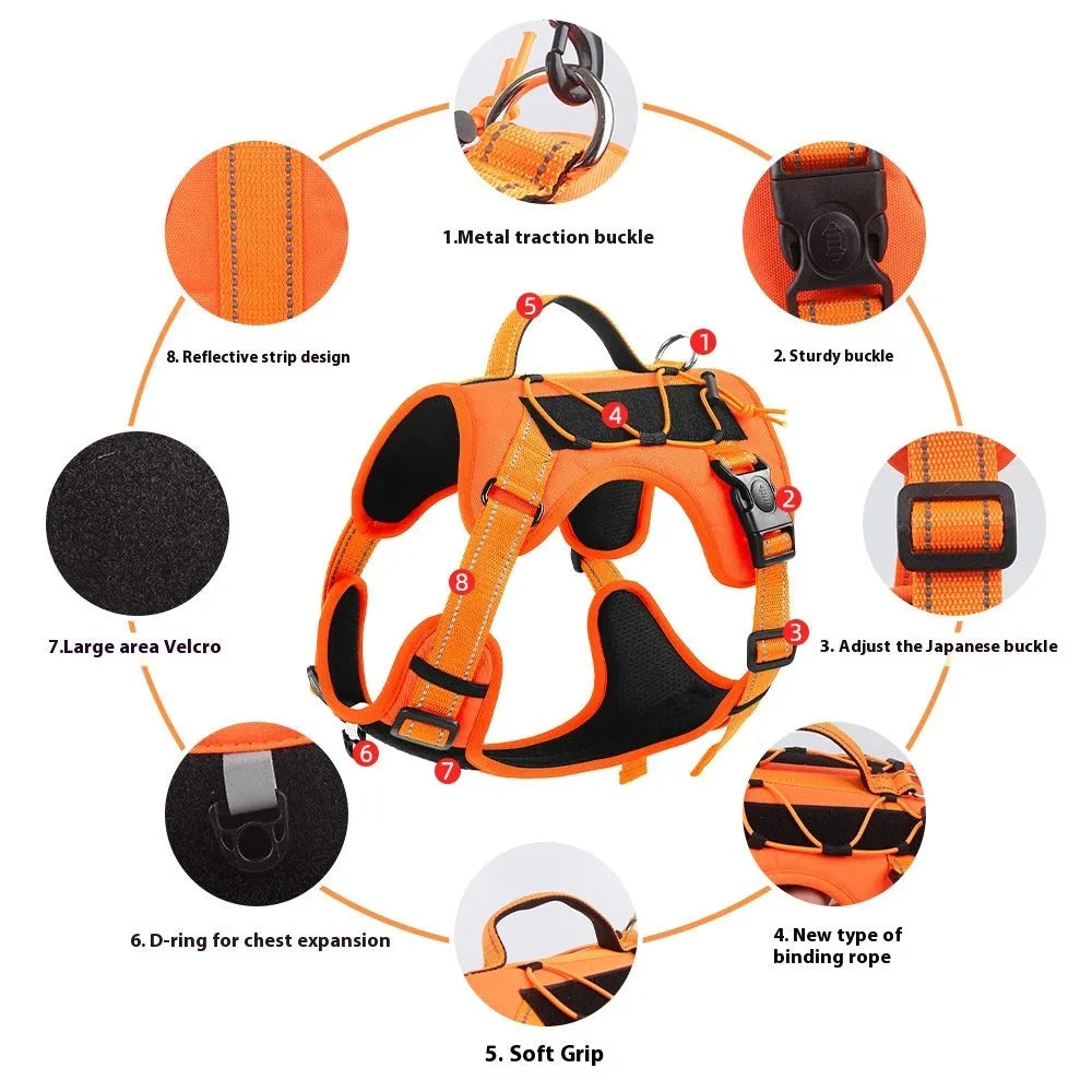 Orange explosion-proof dog harness vest with black reflective strips and an integrated black hand-holding rope.