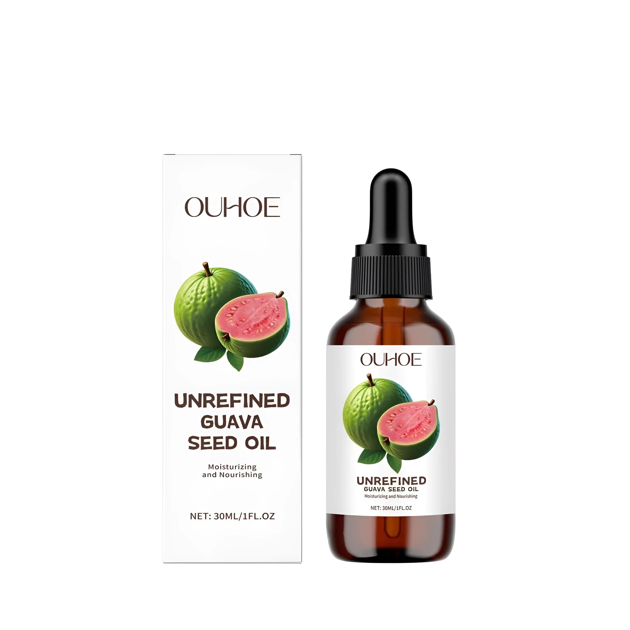 30ml glass dropper bottle of guava seed oil facial serum on a neutral background