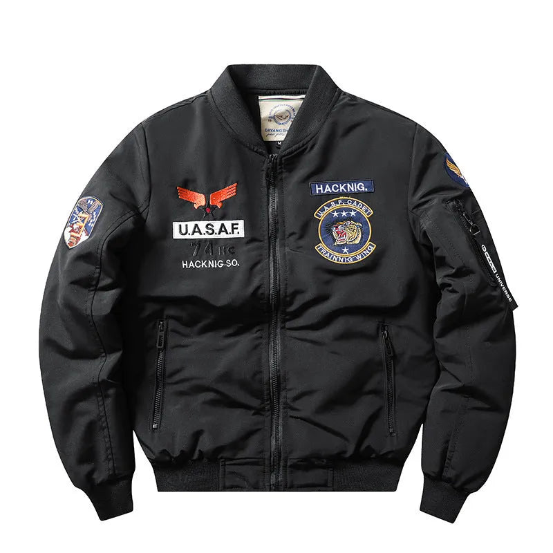 Slim-fit men's motorcycle coat with stand collar and retro embroidery in quilted black fabric.