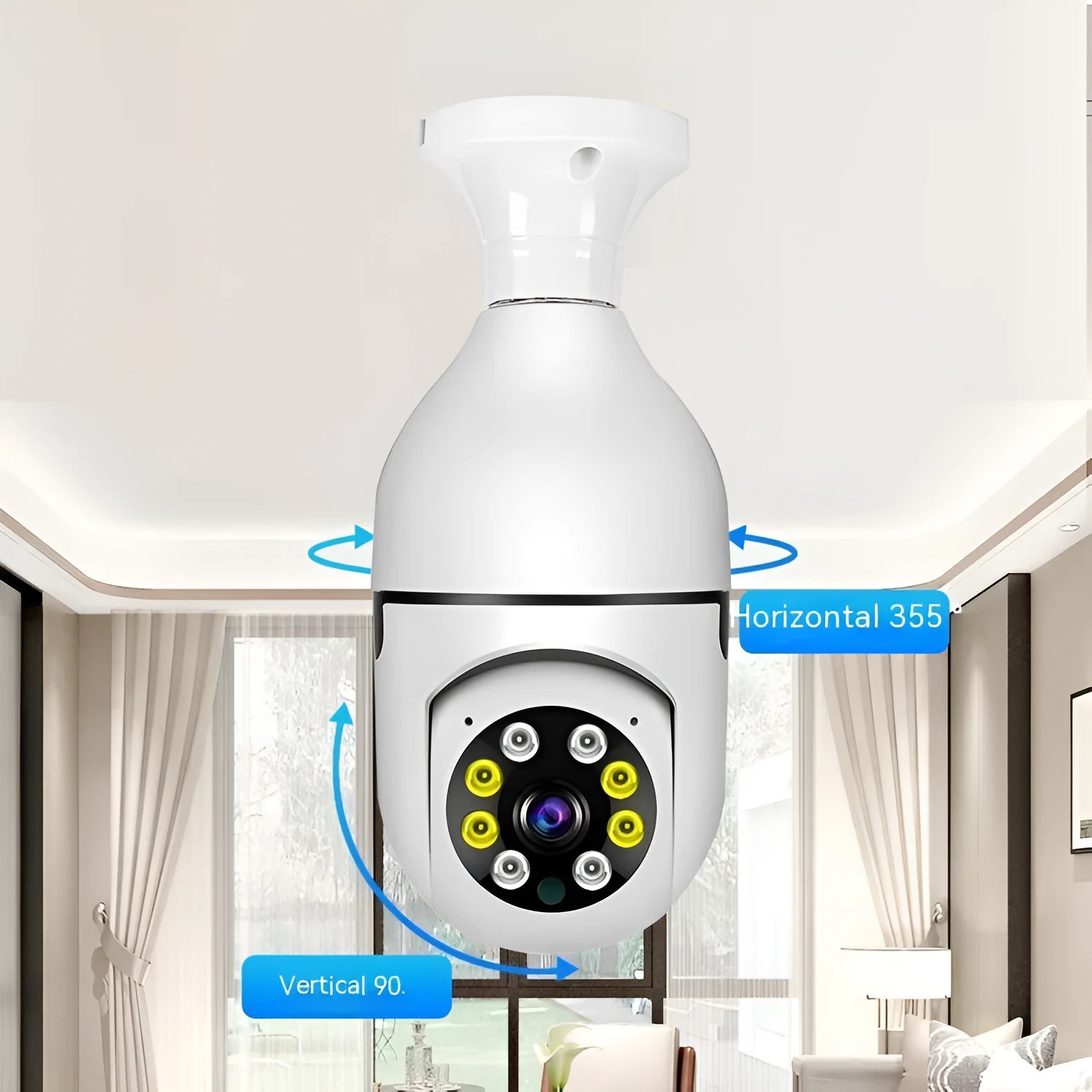 Wireless WiFi bulb security camera with plastic and metal construction measuring 5x12cm