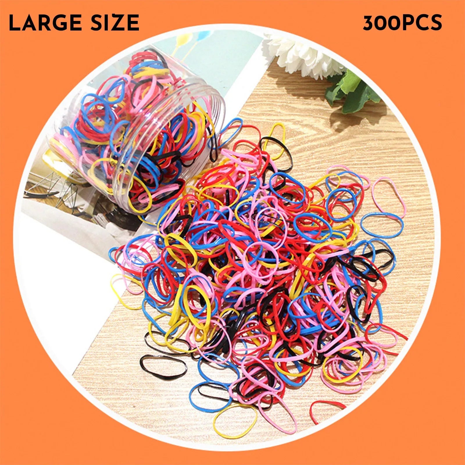 Multi-colour TPU baby hair bands in a reusable container, 300 or 600 piece pack.