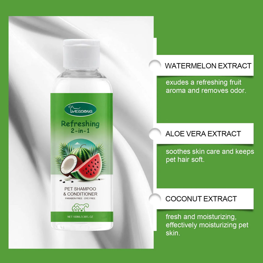 100ml bottle of pet 2-in-1 shampoo and fragrance shower gel with watermelon and coconut extracts.